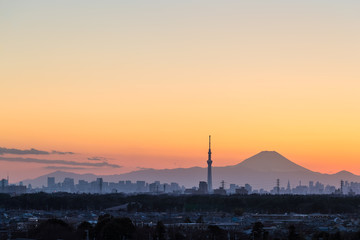 Fototapeta premium Tokyo Skytree and Mount Fuji at twilight time in winter season.