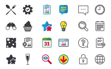 Food icons. Muffin cupcake symbol. Fork, spoon.