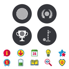 Golf ball icons. Laurel wreath award symbol.