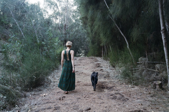 woman with dog walking a forest path