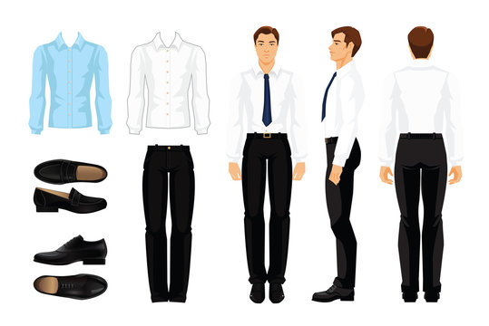 Vector Illustration Of Corporate Dress Code. Businessman Or Professor In  Formal Clothes. Front View, Side And Back View.. White And Blue Shirt, Black Pants And Shoes Isolated On White Background.