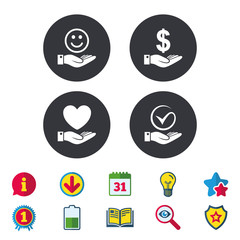 Smile and hand icon. Heart, Tick symbol.