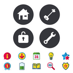 Home key icon. Wrench service tool symbol.