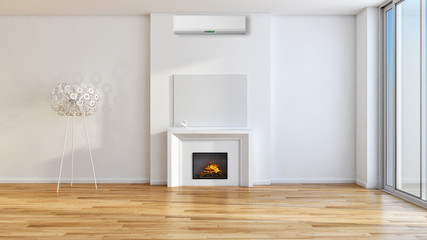 Modern bright living room with air conditioning, white wall. 3D rendering