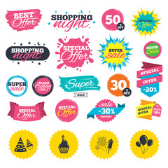 Birthday party. Cake, balloon, hat and fireworks.