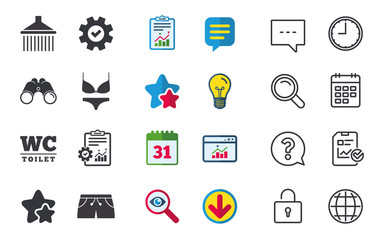 Swimming pool icons. Shower and swimwear signs.