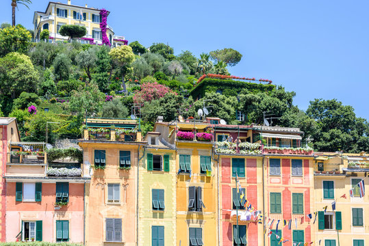 Beautiful daylight view to mountains and buildings of Portofino, Italy