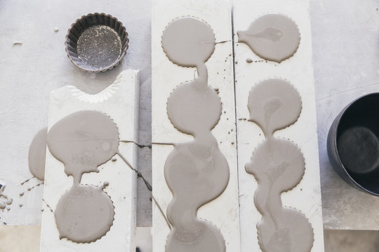 Ceramic bowl moulds filled with wet slip