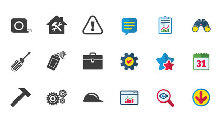 Repair, construction icons. Helmet, screwdriver.