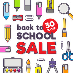 Vector template of back to school sale. Stationery icons and text. Sale poster concept in flat design style.
