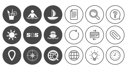 Cruise trip, ship and yacht icons. Travel signs.