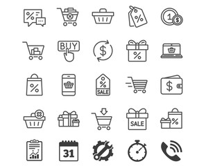 Shopping line icons. Gifts, Wallet and Sale.