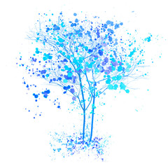 Winter watercolor tree. Blue trees with splashes and ink sketched illustration. Winter tree concept
