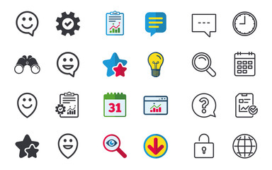 Happy face speech bubble icons. Pointer symbol.