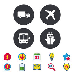Transport icons. Truck, Airplane, Bus and Ship.