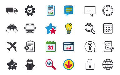 Transport icons. Truck, Airplane, Bus and Ship.