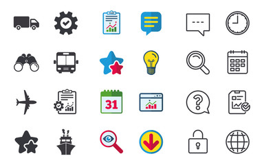 Transport icons. Truck, Airplane, Bus and Ship.