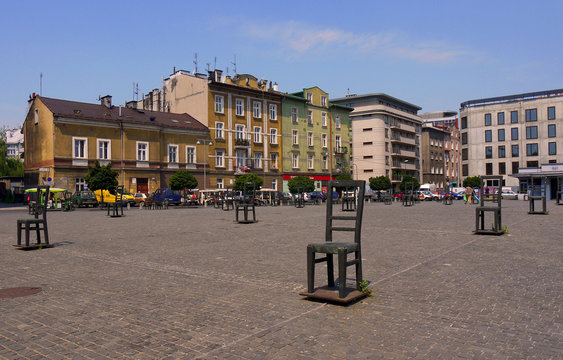 Krakow stock image. Jewish memorial Krakow. Jewish Ghetto in Krakow. Each chair represents Krakow Jews that were sent to Aushwitz