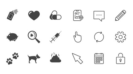 Veterinary, pets icons. Dog paws, syringe signs.