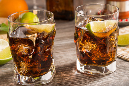 Cuba libre cocktail, rum with cola and ice