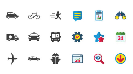 Transport icons. Car, bike, bus and taxi signs.
