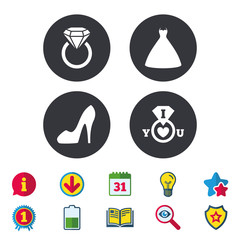 Wedding dress icon. Women's shoe symbol.