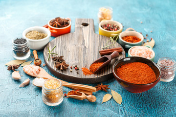 Spices and condiments in small bowls