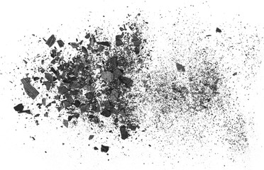 Pile charcoal isolated on white background, xylanthrax, wood coal, top view