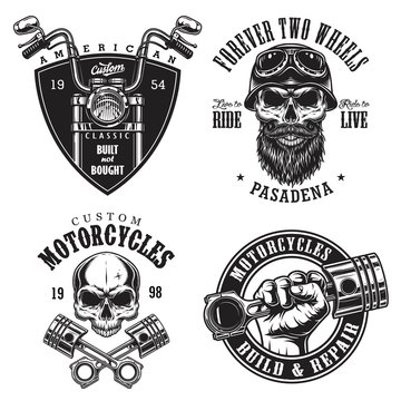 Set of vintage custom motorcycle emblems, labels, badges, logos, prints, templates. Layered, isolated on white background Easy rider