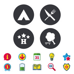 Food, hotel, camping tent and tree signs.