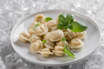 Traditional russian pelmeni, ravioli, dumplings