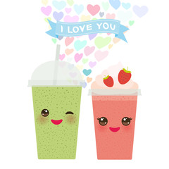 Valentine's Day Card design with Kawaii Strawberry Kiwi Take-out smoothie transparent plastic cup with straw and whipped cream. cute face with eyes and smile  Isolated on white background. Vector