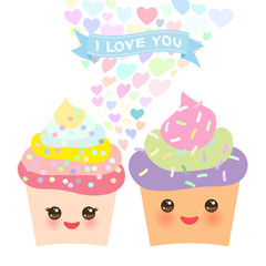Valentine's Day Card design with Kawaii cake with pink cheeks and winking eyes, pastel colors on white background. Vector