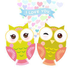 Valentine's Day Card design with Kawaii owl with pink cheeks and winking eyes, pastel colors on white background. Vector