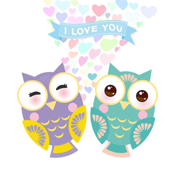 Valentine&#39;s Day Card design with Kawaii owl with pink cheeks and winking eyes, pastel colors on white background. Vector