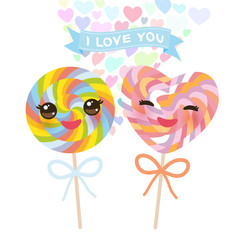 I love you Card design with Kawaii Heart shaped candy lollipop with pink cheeks and winking eyes, pastel colors on white background. Vector