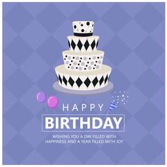 Happy birthday with Funky cake and Greetings text on soft purple Diamond background vector design