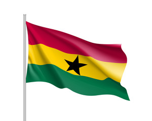 Ghana flag. Illustration of African country waving flag on flagpole. Vector 3d icon isolated on white background. Realistic illustration
