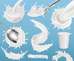 Yogurt, milk splashes. Set 3d vector elements. Package design
