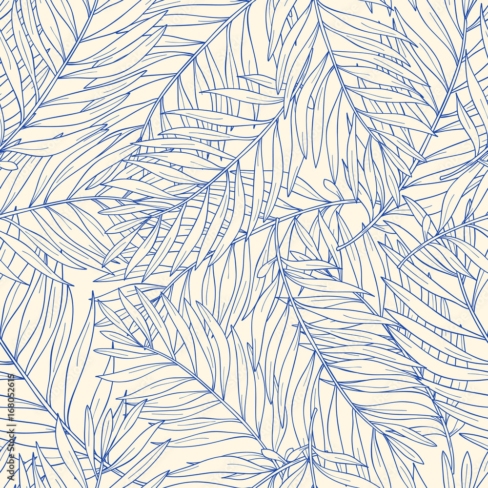 Poster seamless pattern with contour tropical palm leaves. nature background.