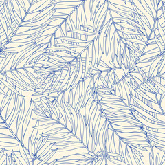 Nahtloses Muster mit tropischen Palmblättern der Kontur. Natur Hintergrund.