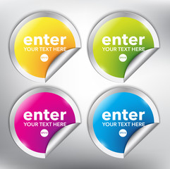 Abstract vector sticker set of 4. Vector circle stickers with curled corner. Isolated on the light panel. Each item contains space for own text.  Vector illustration. Eps10.