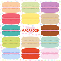 Square card design with macaroon set, pastel colors white polka dot background. Vector