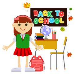 Happy children going back to school after summer holiday. Vector clip art.