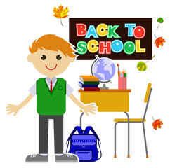 Happy children going back to school after summer holiday. Vector clip art.