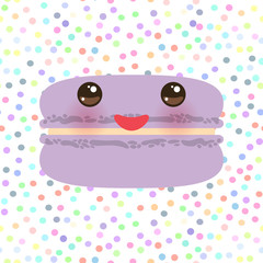 Card design lilac Kawaii macaroon with pink cheeks and big eyes, pastel colors polka dot background. Vector