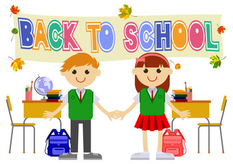 Happy children going back to school after summer holiday. Vector clip art.