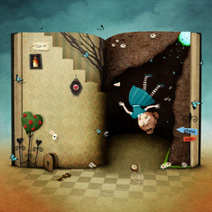 Conceptual illustration with  magical book Wonderland and the falling girl  