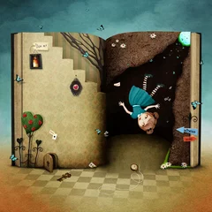 Foto op Aluminium Conceptual illustration with  magical book Wonderland and the falling girl   © annamei