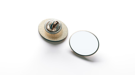 Blank white ellipse gold lapel badge mock up, front and back side view, 3d rendering. Empty luxury hard enamel pin mockup. Golden clasp-pin design template. Expensive square brooch, logo presentation